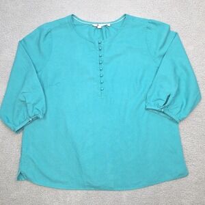 Boden Blouse Womens 16 Teal Blue Linen Cotton Pullover Top 3/4 Sleeve